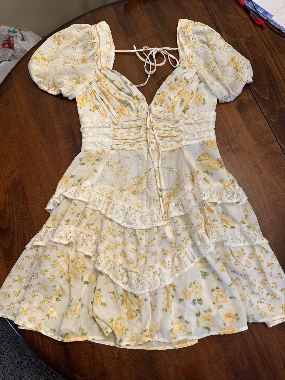 Altar'd State White Floral Mini Dress with Yellow Roses